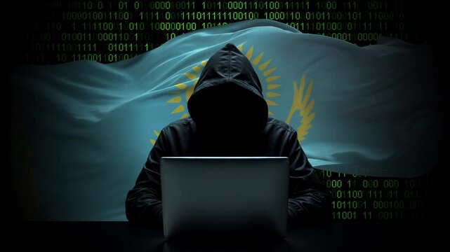 Kazakhstan flag - 3D realistic waving flag on matrix digital background with binary code