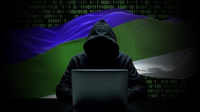 Komi flag - 3D realistic waving flag on matrix digital background with binary code