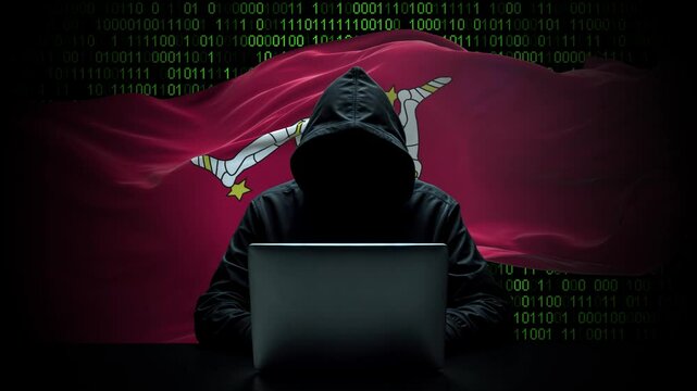 Isle of Man flag - 3D realistic waving flag on matrix digital background with binary code