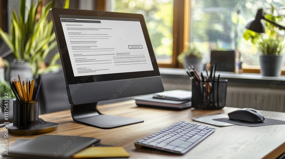 Poster modern workplace computer setup with desk and accessories