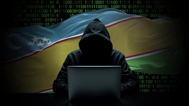 Karakalpakstan flag - 3D realistic waving flag on matrix digital background with binary code