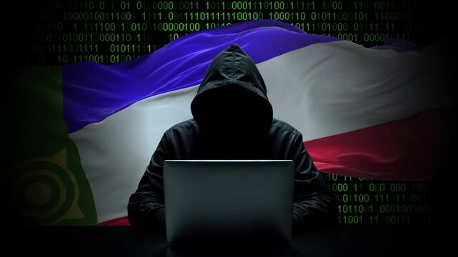 Khakassia flag - 3D realistic waving flag on matrix digital background with binary code
