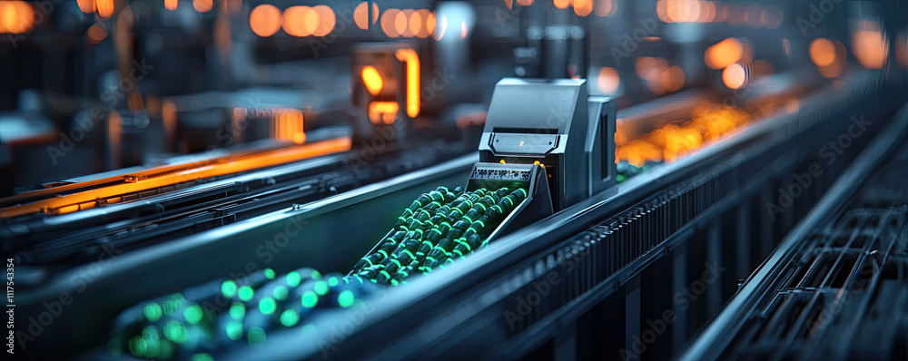 Poster automated production line with vibrant green products moving on a conveyor belt.