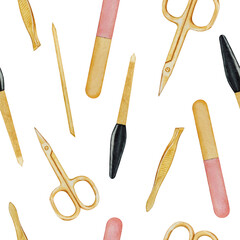 Seamless pattern of manicure scissors files and tweezers.  White background. Hand drawn illustration. For design, backgrounds	