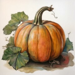 A vibrant and colorful watercolor illustration of a pumpkin in a rustic style, ideal for ecobranding and food blogs