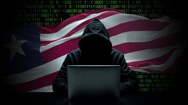 Liberia flag - 3D realistic waving flag on matrix digital background with binary code