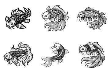 set bundle black and white koi fish illustration 