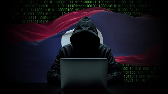 Laos flag - 3D realistic waving flag on matrix digital background with binary code