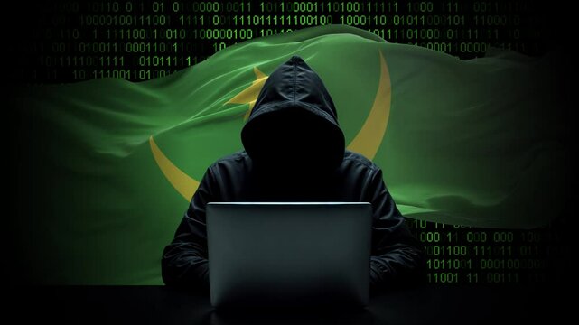 Mauritania flag - 3D realistic waving flag on matrix digital background with binary code