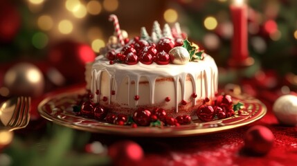Festive Christmas Cake Decorated With Red Ornaments