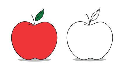 A simple, colorful illustration of a red apple designed for kids' coloring books. Minimal, logotype with clear outlines, green leaf, and white background, symbolizing health, freshness, learning png