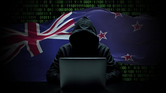 New Zealand flag - 3D realistic waving flag on matrix digital background with binary code
