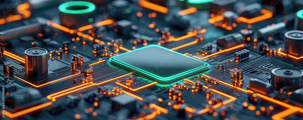Aufkleber close-up view of a modern circuit board with illuminated components and intricate details.