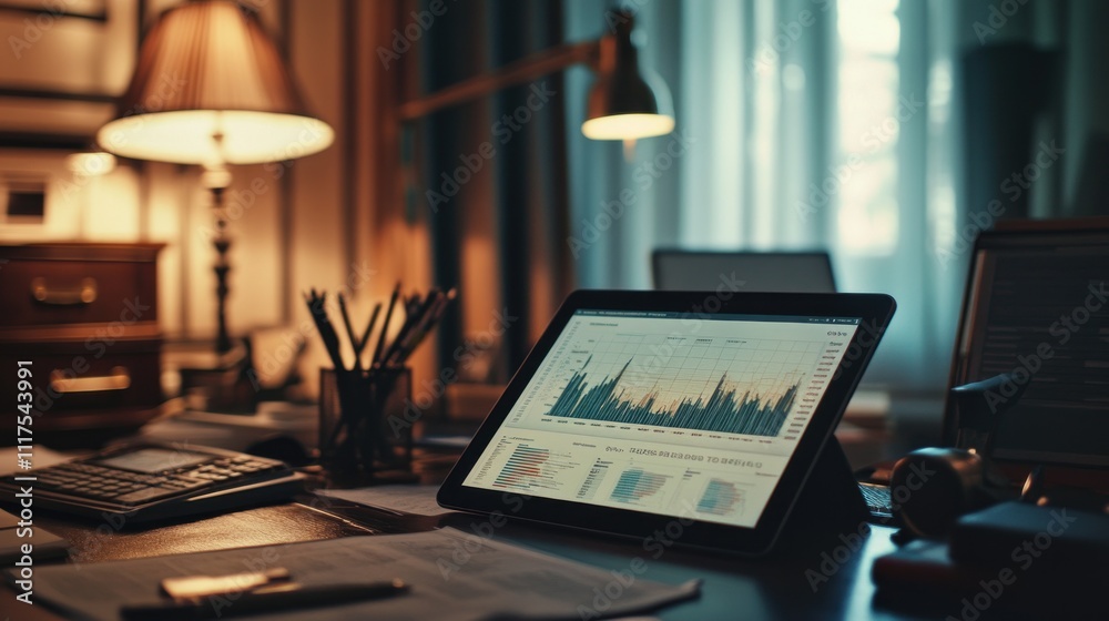 Poster tablet displays financial data graphs on desk in office