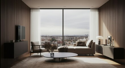 Fototapeta premium Modern Living Room with City View and Warm Wood Wall Accents