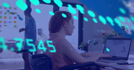 Image of financial data processing over caucasian businesswoman using laptop in office