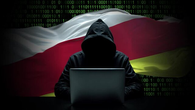 North Ossetia flag - 3D realistic waving flag on matrix digital background with binary code