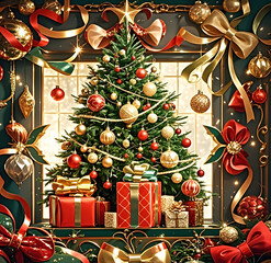Christmas tree with gifts, decorations, baubles, and presents.