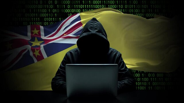 Niue flag - 3D realistic waving flag on matrix digital background with binary code
