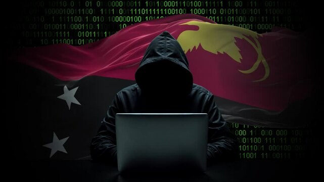 Papua New Guinea flag - 3D realistic waving flag on matrix digital background with binary code