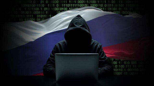 Russia flag - 3D realistic waving flag on matrix digital background with binary code