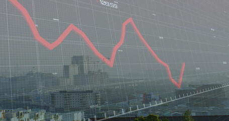 Image of red graphs processing data over misty cityscape