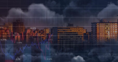 Image of charts and graphs processing data over clouds and cityscape