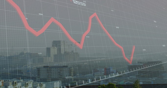 Image of red graphs processing data over misty cityscape