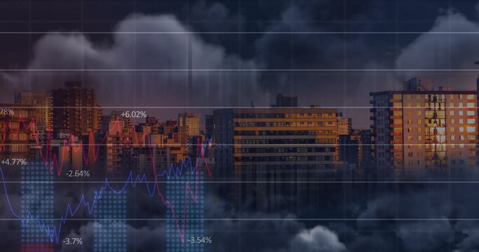 Image of charts and graphs processing data over clouds and cityscape