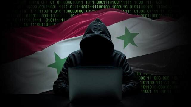 Syria flag - 3D realistic waving flag on matrix digital background with binary code