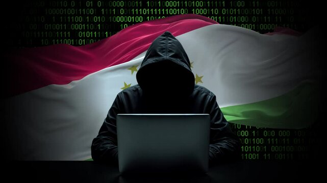 Tajikistan flag - 3D realistic waving flag on matrix digital background with binary code