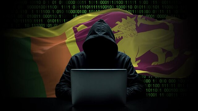 Sri Lanka flag - 3D realistic waving flag on matrix digital background with binary code