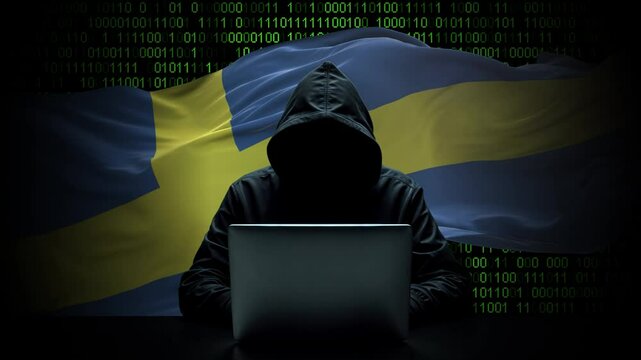 Sweden flag - 3D realistic waving flag on matrix digital background with binary code