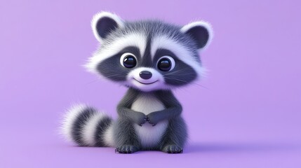 Adorable Cartoon Raccoon Sitting on Purple Background