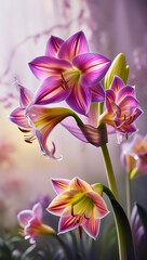 Beautiful Amaryllis flowers with translucent petals showcasing iridescent hues, creating a surreal and magical ambiance, cool spectrum amaryllis flowers. Created with generative AI	
