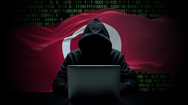 Tunisia flag - 3D realistic waving flag on matrix digital background with binary code