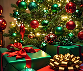 Christmas tree with gifts, decorations, baubles, and presents.