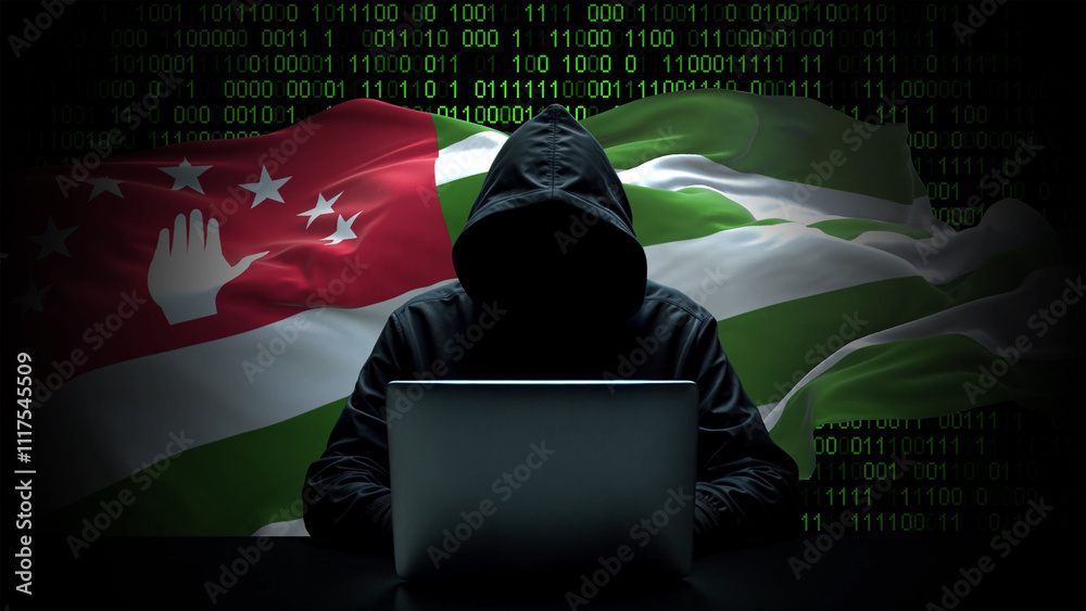 Wall mural abhkazia flag - 3d realistic waving flag on matrix digital background with binary code