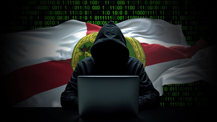 Alderney flag - 3D realistic waving flag on matrix digital background with binary code