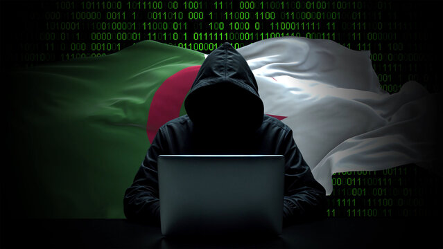 Algeria flag - 3D realistic waving flag on matrix digital background with binary code - Powered by Adobe