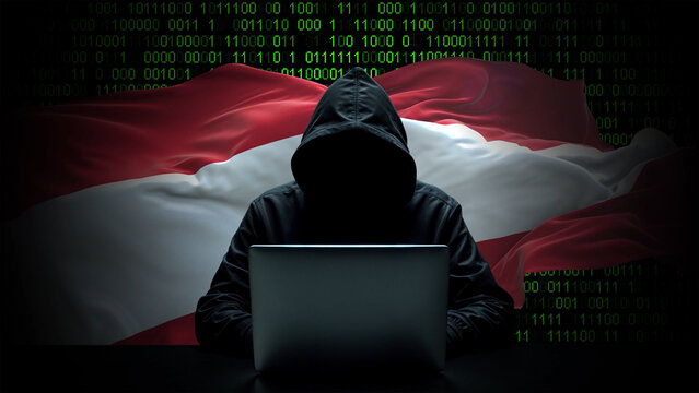Austria flag - 3D realistic waving flag on matrix digital background with binary code