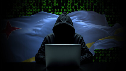 Aruba flag - 3D realistic waving flag on matrix digital background with binary code