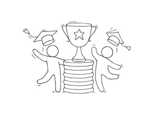 Happy students with trophy, reward, invest money in education. Concept of tuition cost, scholarship, school grant. Vector hand drawn illustration with character, gold coins, graduation cap