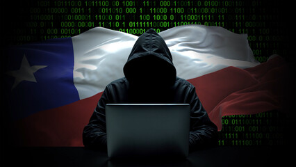 Chile flag - 3D realistic waving flag on matrix digital background with binary code