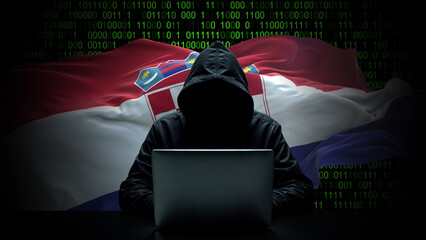 Croatia flag - 3D realistic waving flag on matrix digital background with binary code