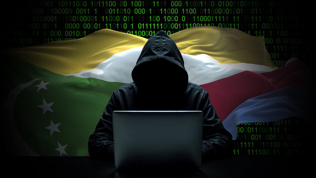 Comoros flag - 3D realistic waving flag on matrix digital background with binary code