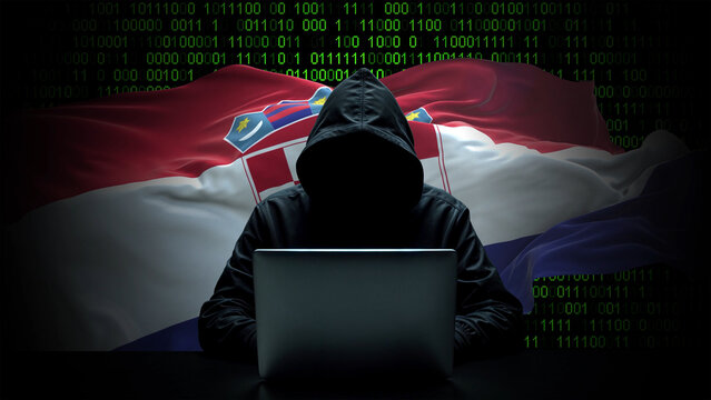Croatia flag - 3D realistic waving flag on matrix digital background with binary code