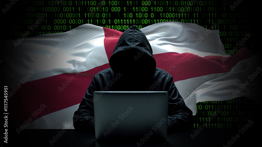 Wall mural england flag - 3d realistic waving flag on matrix digital background with binary code