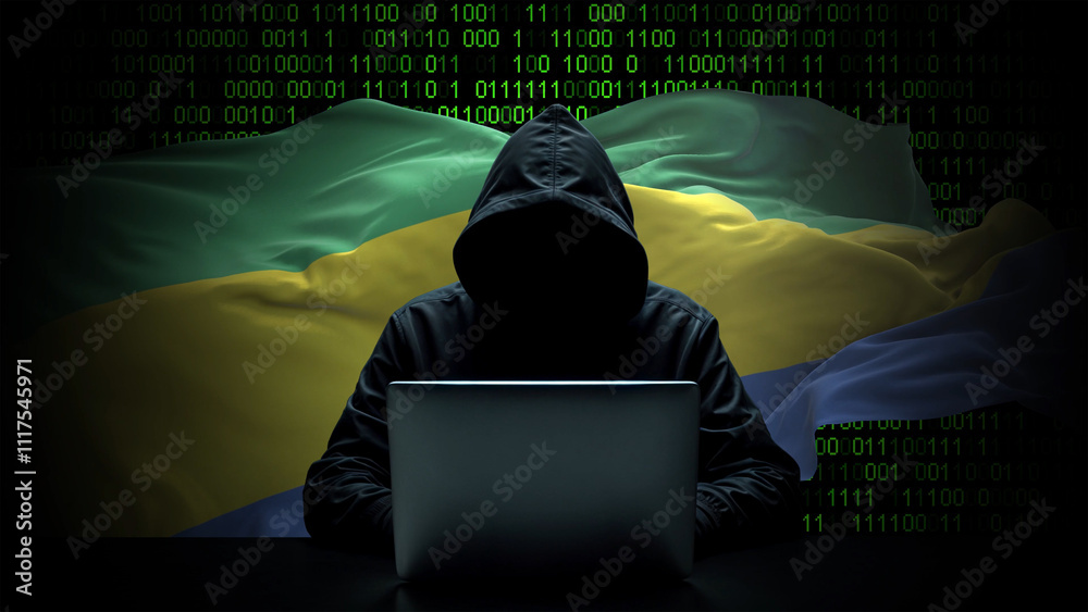 Wall mural gabon flag - 3d realistic waving flag on matrix digital background with binary code