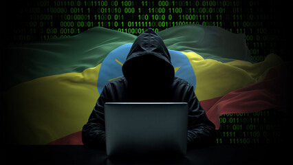 Ethiopia flag - 3D realistic waving flag on matrix digital background with binary code